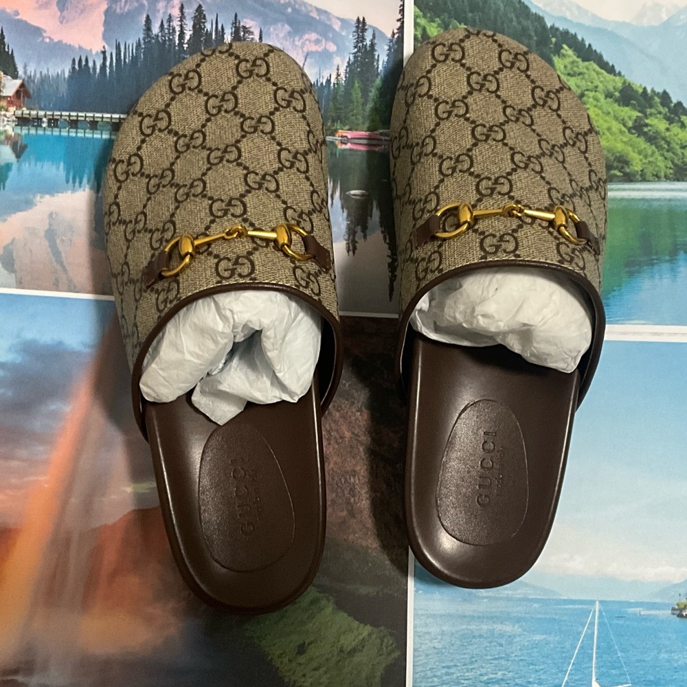 Gucci GG Horsebit Canvas Mule Slides in Beige/Brown
